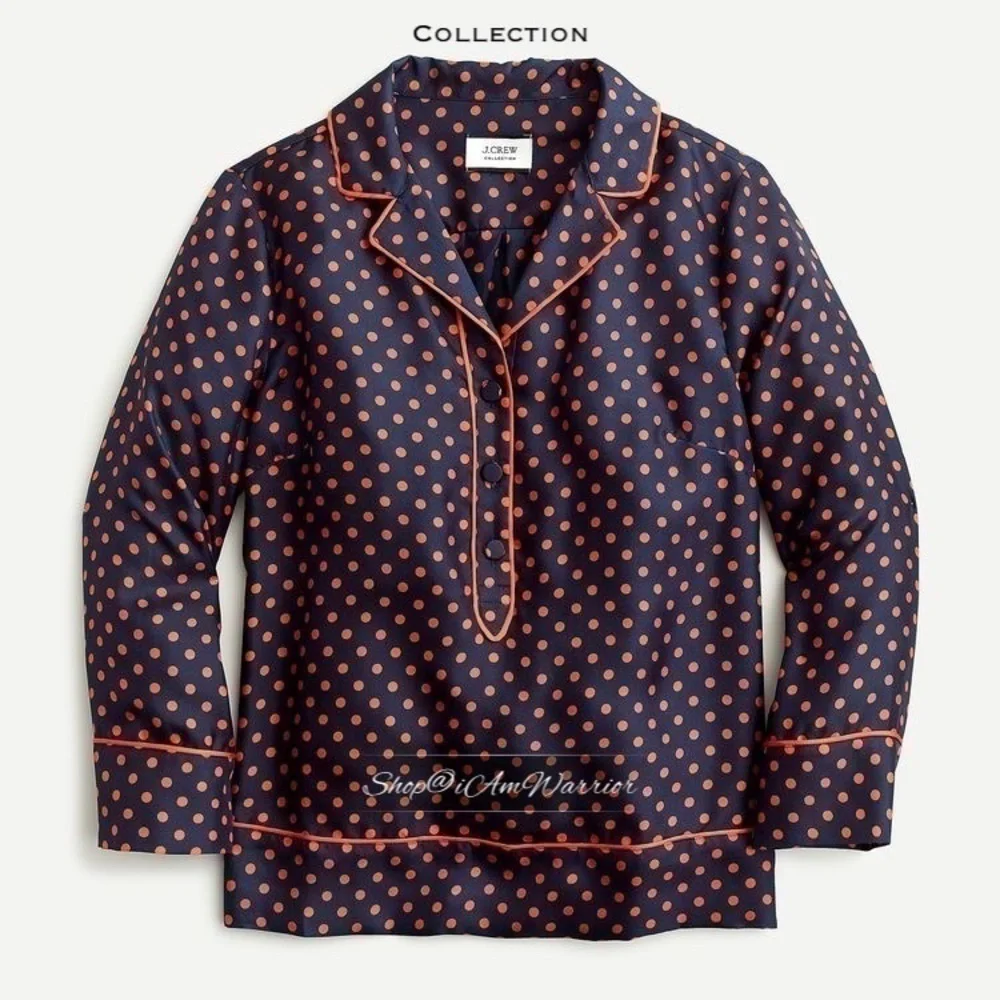 J.Crew Collection navy silk-twill polkadot pj style top *shop@iamwarrior